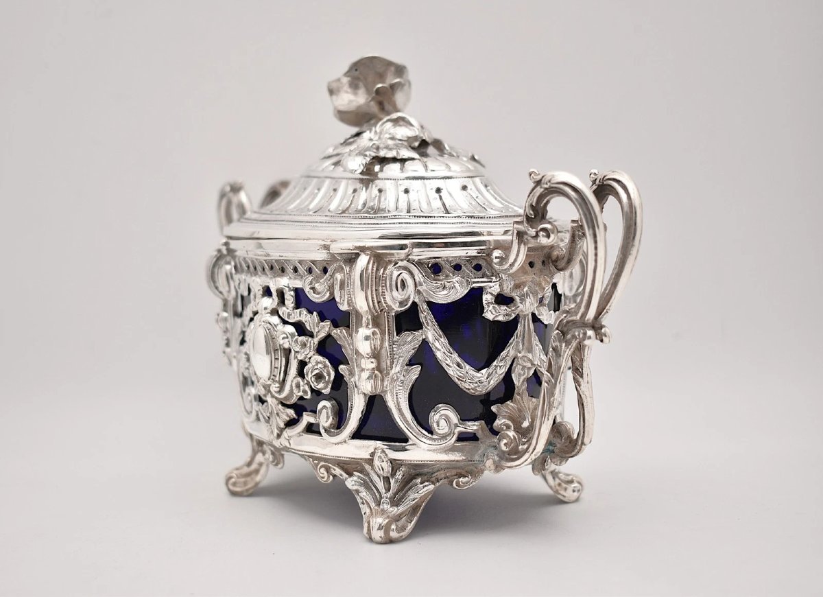 Sucrier couvert ancien en argent sterling (poinçon Minerve) avec doublure en verre bleu-photo-3
