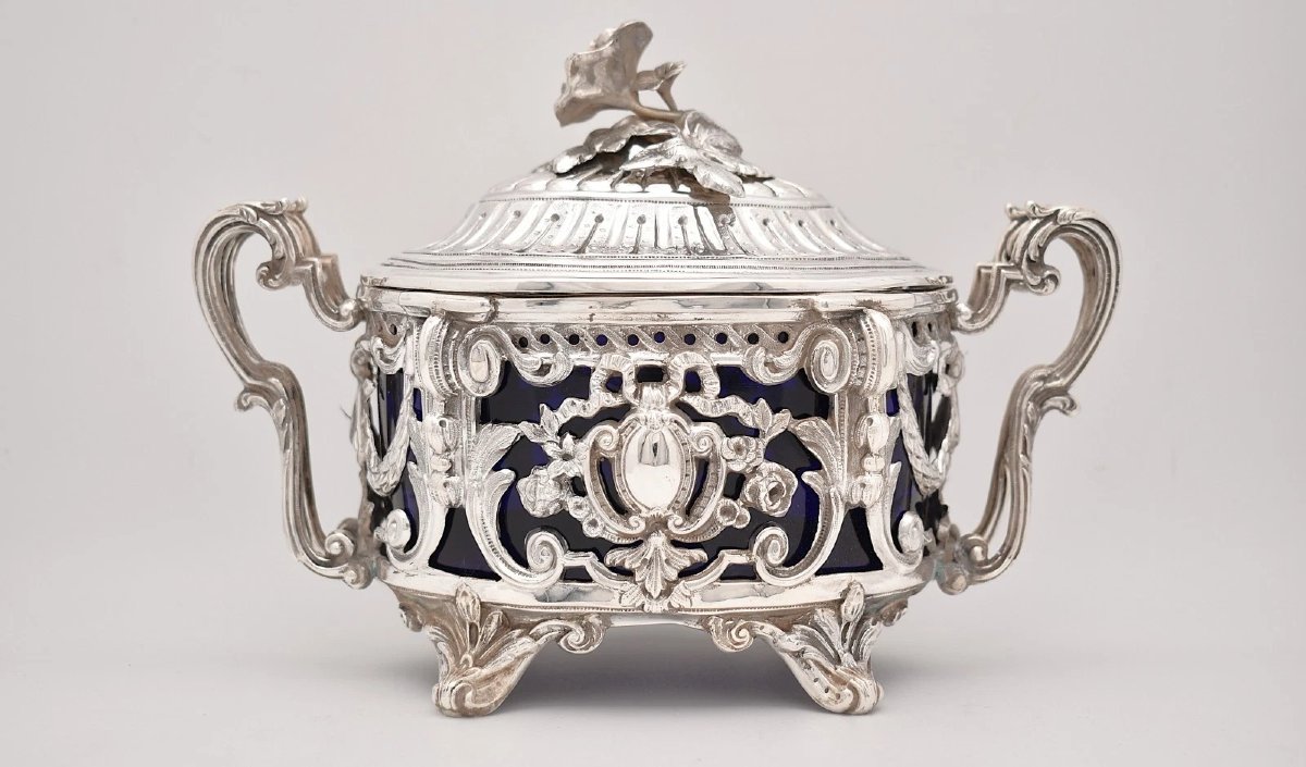 Sucrier couvert ancien en argent sterling (poinçon Minerve) avec doublure en verre bleu-photo-4