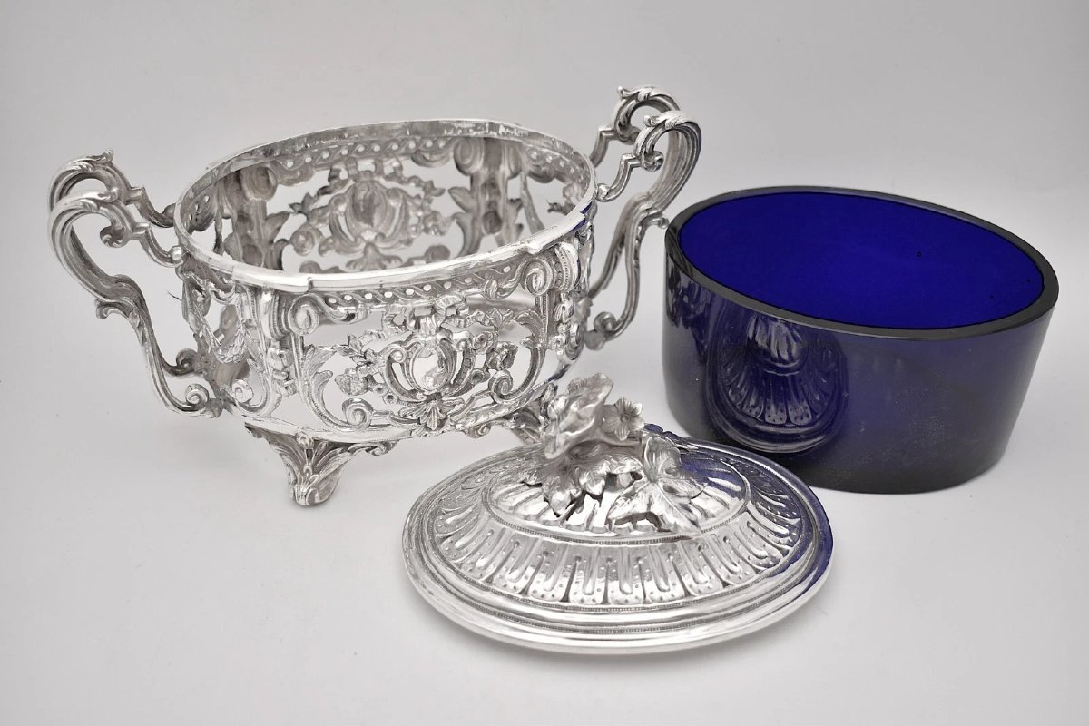 Sucrier couvert ancien en argent sterling (poinçon Minerve) avec doublure en verre bleu-photo-1