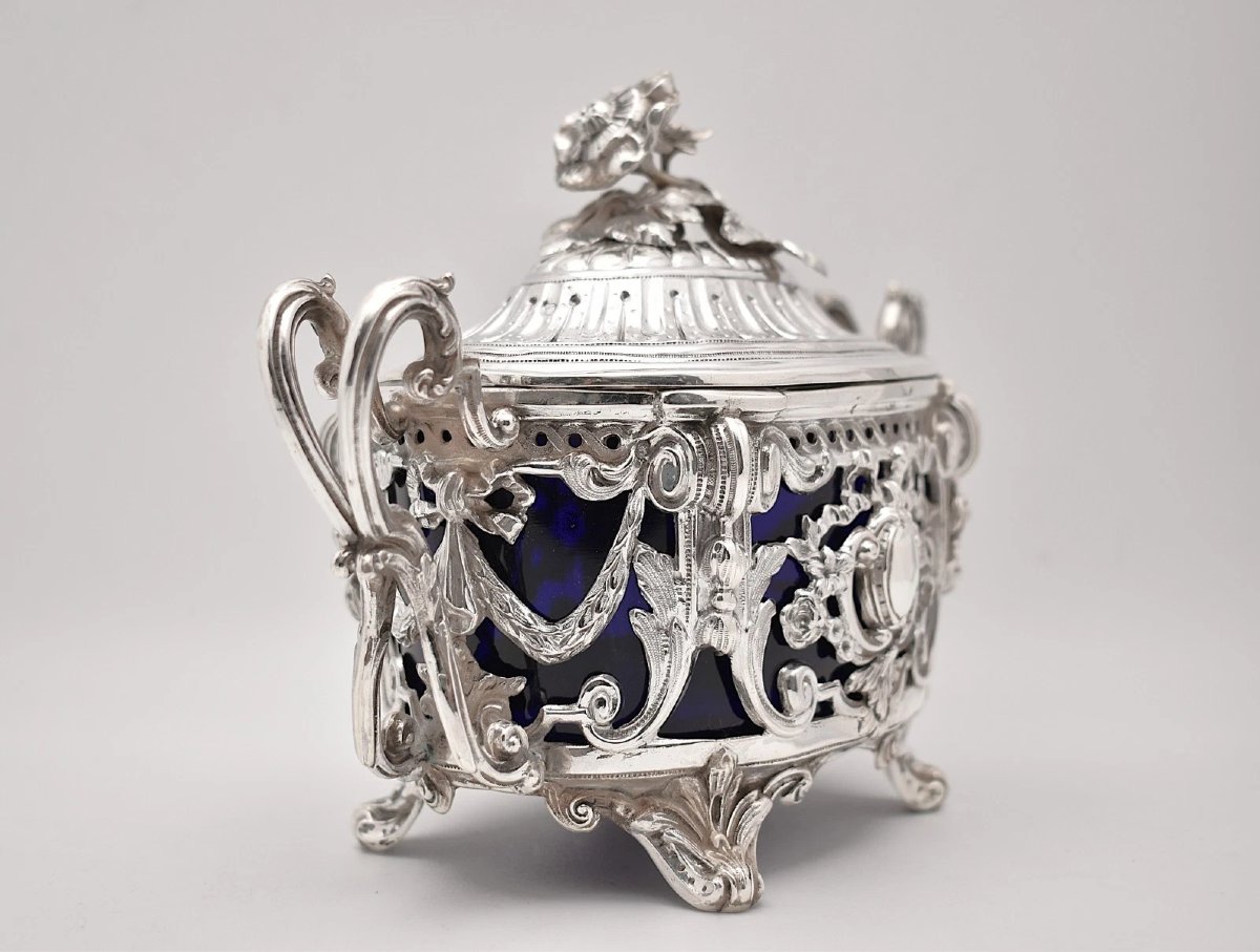 Sucrier couvert ancien en argent sterling (poinçon Minerve) avec doublure en verre bleu-photo-2