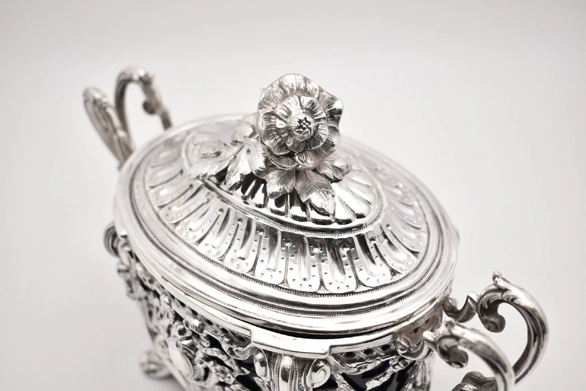 Sucrier couvert ancien en argent sterling (poinçon Minerve) avec doublure en verre bleu-photo-4