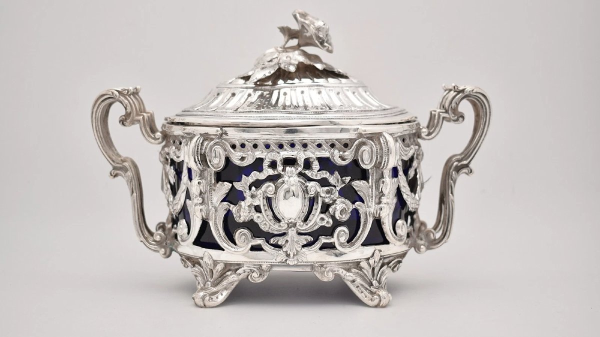Sucrier couvert ancien en argent sterling (poinçon Minerve) avec doublure en verre bleu