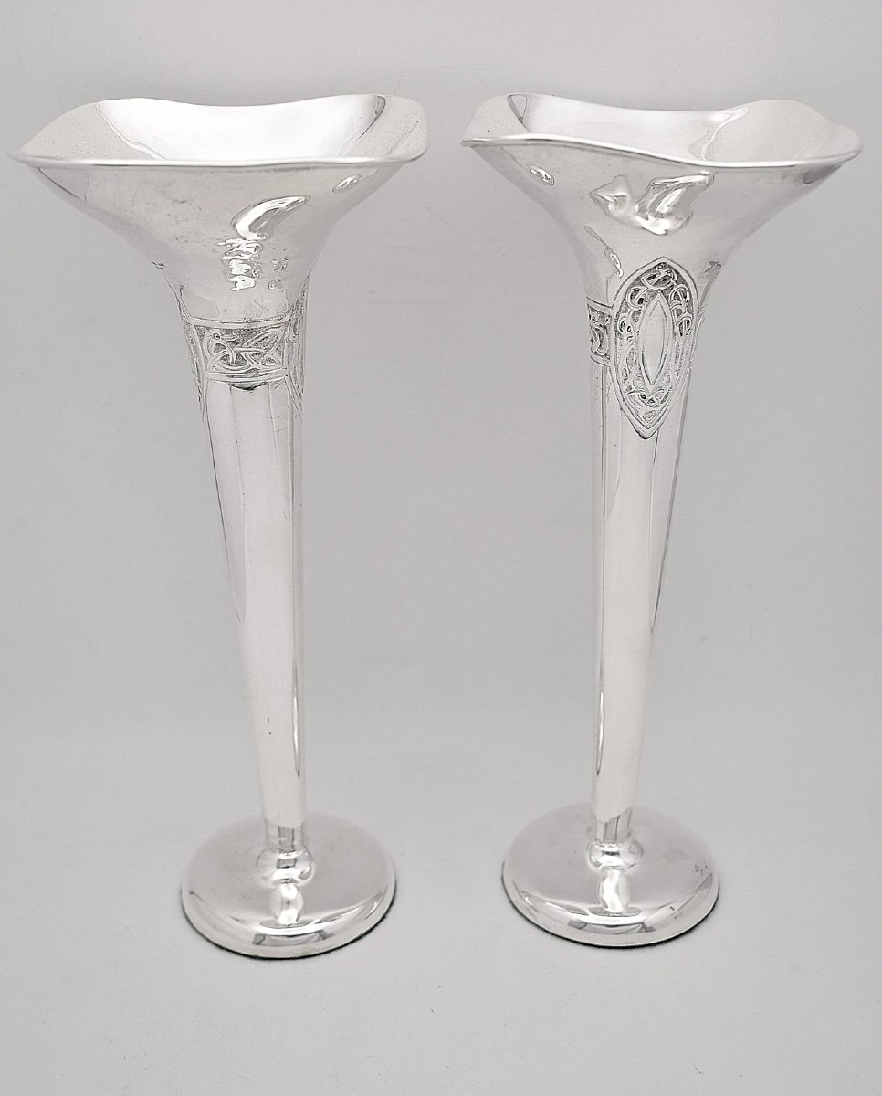 Edwardian Sterling Silver Trumpet Vases Pair London C.s. & Co Celtic Knot 1130g