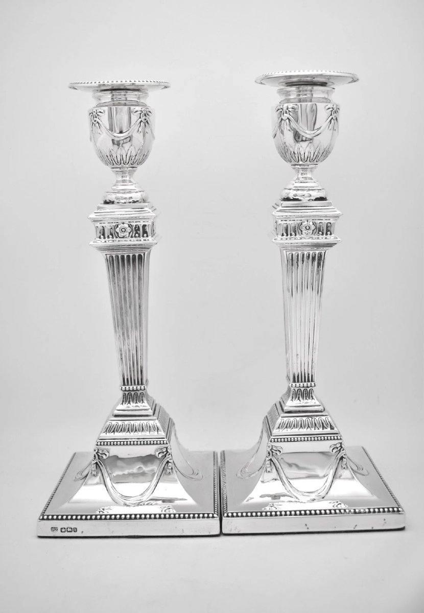 Late Victorian Sterling Silver Column Candlesticks Sheffield 1900 Hawksworth-photo-3