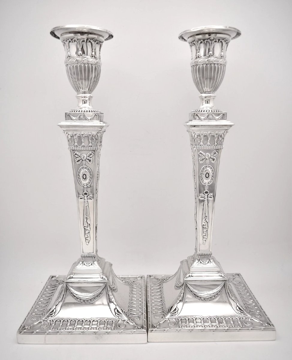 Mappin Webb 1912 Sheffield Sterling Silver Candlesticks Pair Neo Classical Adam-photo-2