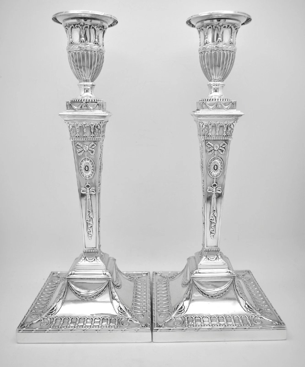 Mappin Webb 1912 Sheffield Sterling Silver Candlesticks Pair Neo Classical Adam-photo-3