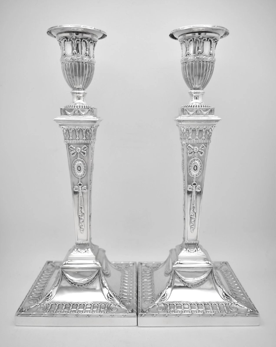 Mappin Webb 1912 Sheffield Sterling Silver Candlesticks Pair Neo Classical Adam-photo-4