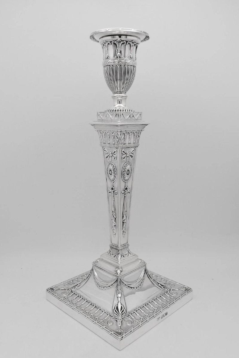 Mappin Webb 1912 Sheffield Sterling Silver Candlesticks Pair Neo Classical Adam-photo-2