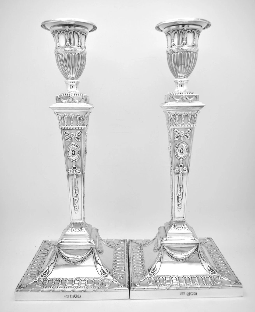 Mappin Webb 1912 Sheffield Sterling Silver Candlesticks Pair Neo Classical Adam