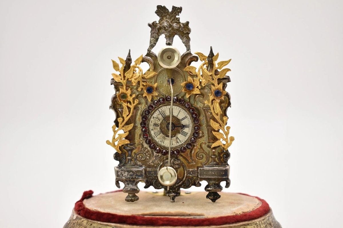 Antique Silver Austrian Biedermeier Miniature Zappler Clock Glass Dome 10cm 1890-photo-2