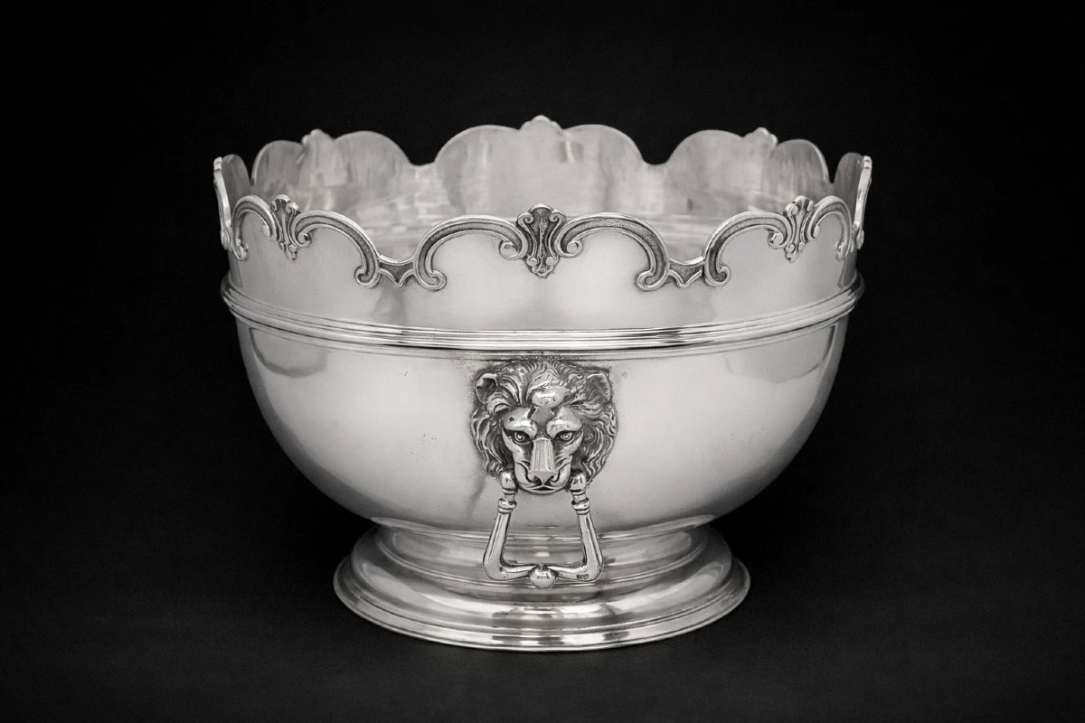 Large Antique Victorian Sterling Silver Monteith Punch Bowl, 1150g London 1897-photo-3