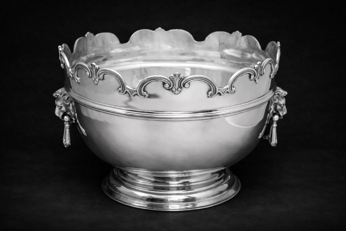 Large Antique Victorian Sterling Silver Monteith Punch Bowl, 1150g London 1897-photo-4