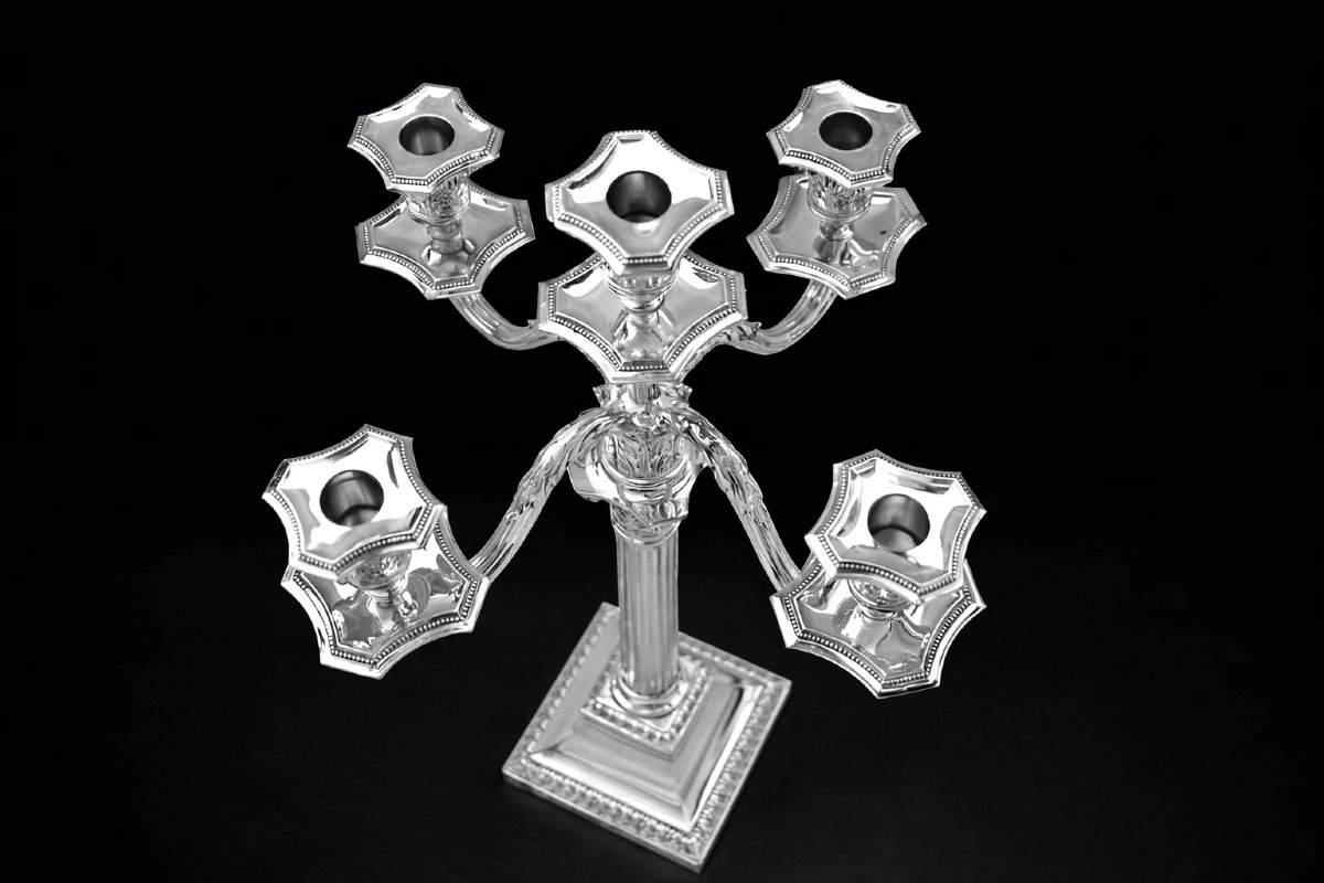Grand candélabre ancien allemand en argent massif (titre 800), à colonne corinthienne, postérie-photo-2