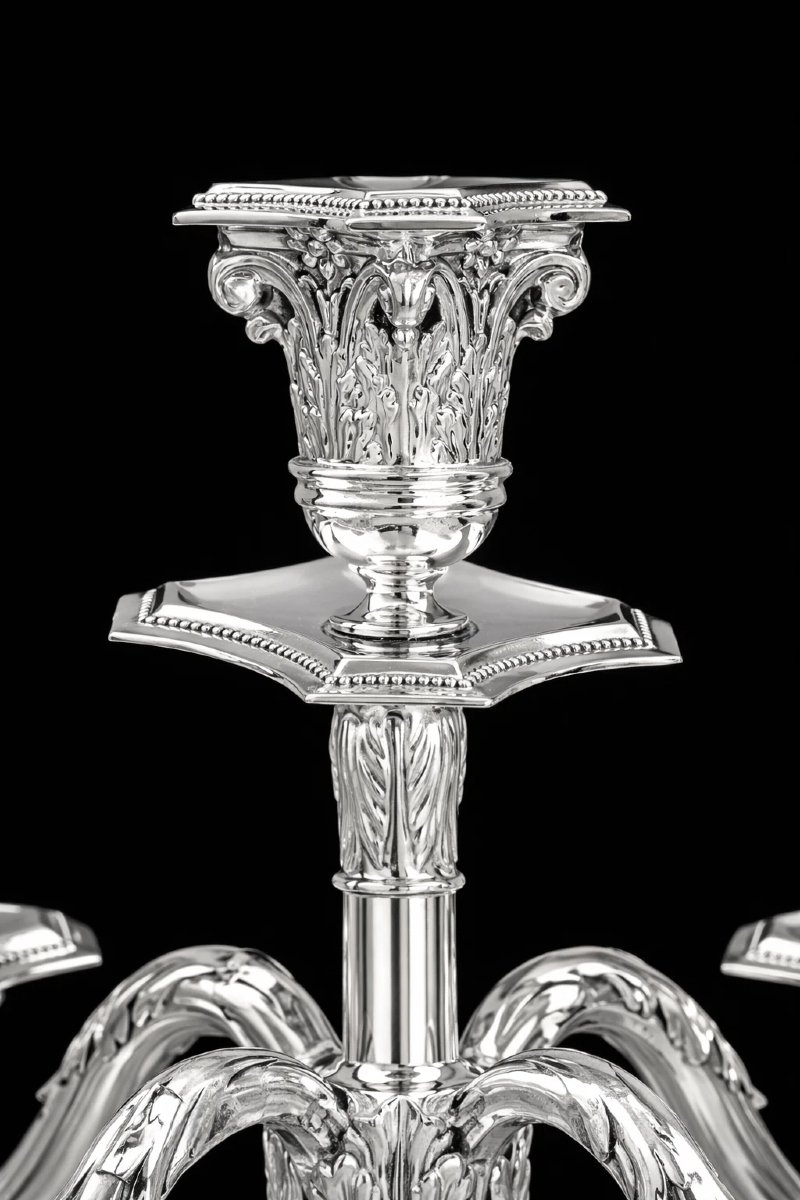 Grand candélabre ancien allemand en argent massif (titre 800), à colonne corinthienne, postérie-photo-3