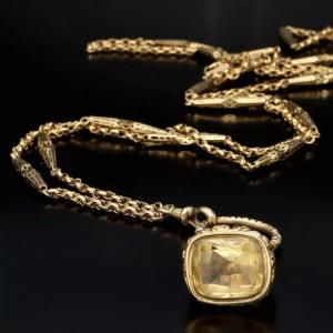 Chaîne Longue De Garde à Maillons Fantaisie En Or 15ct Avec Pendentif Citrine, époque Victorien
