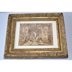 Guiseppe Bossi "la Grotte De Jupiter" Encre Et Lavis 14 X 20 Cm