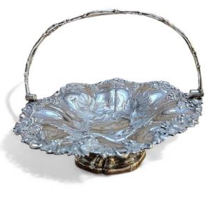 Grand panier antique victorien en argent massif, motif vigne et feuille, 1 385,6 grammes