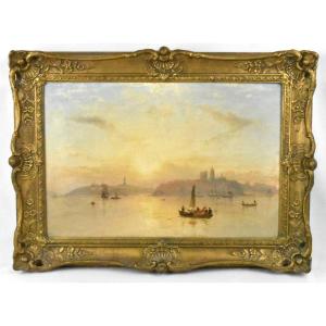 Élégant tableau encadré représentant un paysage aquatique – Coucher de soleil serein avec batea