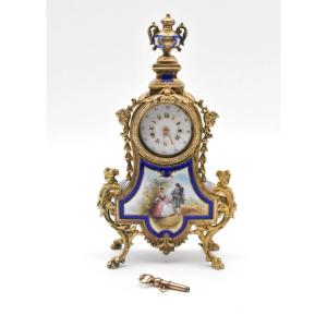 Antique Miniature French Vermeil Gilt Sterling Silver & Enamel Clock Ca 19thc