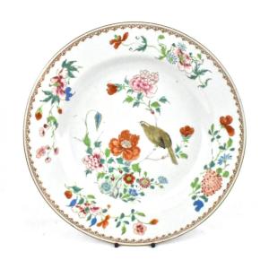 Assiette ancienne chinoise Famille Rose Qing | Motifs oiseaux et fleurs, XVIIIe siècle