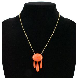 Vintage Mid Century 18ct Gold Mounted Coral Pendant With Chain Link Necklace