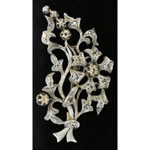 Antique Mid-19th Century French Silver & 18ct Gold Diamond Floral Spray Brooch