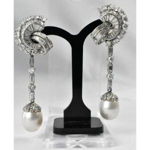 Antique Circa 1920s Art Deco Platinum, 10 Carat Diamonds & Pearl Drop Earrings