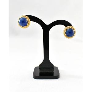 Vintage Mid Century Pair Of Heavy 18ct (750) Gold & Lapis Lazuli Round Earrings