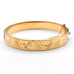 Bracelet jonc vintage en or jaune 9 carats, gravé de motifs floraux, à charnière, 11,9 grammes