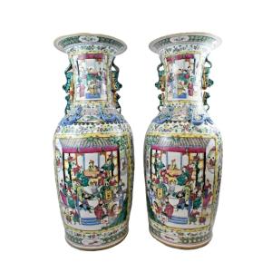Large Pair Of Antique Qing Chinese Famille Rose 'canton' Floor Vases 90cm Tall