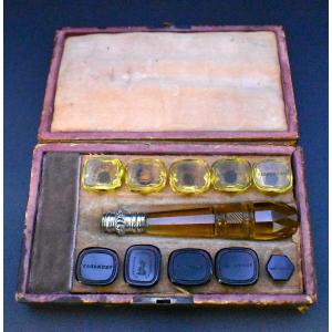 Antique Georgian Boxed Desk Set W/ 10 Intaglio Coloured-glass Seals Early 1800's