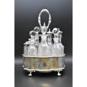 Antique Silver Cruet Set With Seven Cut-glass Condiment Bottles