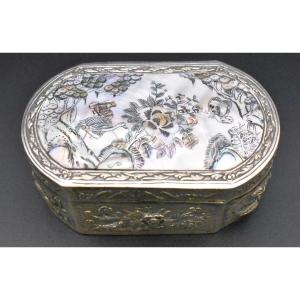 Antique Qing Chinese Sterling Silver & Enamel Box With Mother Of Pearl Inlay