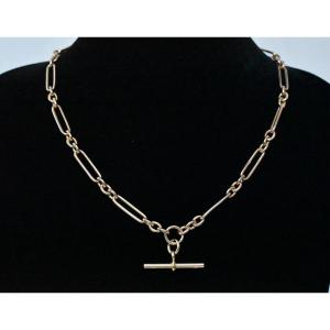 Chaîne trombone Albert ancienne victorienne en or rose 9 carats avec barre en T et pendentif.