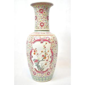 Antique Qing Chinese Famille Rose Pink Ground Baluster Vase Yongzheng Mark 14"