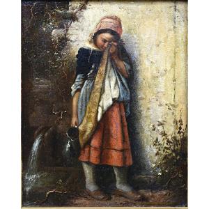 Vincenzo Irolli Oil Painting "young Girl At The Fountain" Framed Art 19c
