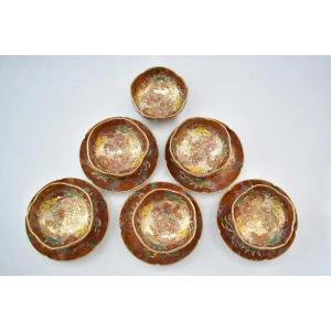 Antique Japanese Satsuma Ware "thousand Flowers" Gilt Enameled Bowls & Saucers