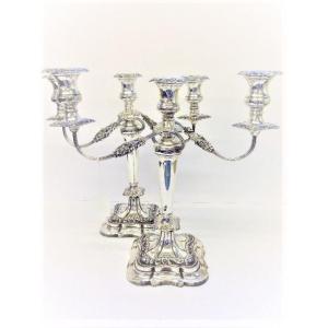 Grande paire de candélabres vintage en argent massif à trois lumières