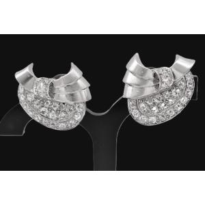 Boucles d'oreilles clips Art Déco antiques en or blanc 18 carats, serties de diamants taille an