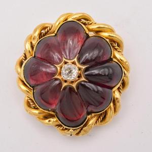 Grande broche ancienne victorienne en or 15 carats, ornée d'un grenat anthracite et de diamants
