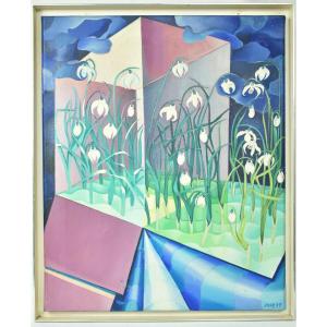 Peinture à l'huile surréaliste de 1977 représentant des perce-neige dans un intérieur géométriq