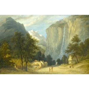 Peinture à l'huile antique Staubbach Falls Lauterbrunnen Suisse 81,5x66cm