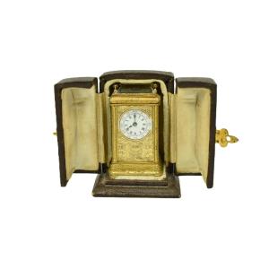 Antique French Miniature Fully Engraved Gilt Brass Carriage Clock 8 Day Case Key