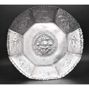Bol à pieds Tazza antique anglo-indien en argent repoussé birman 685g 21,5 cm