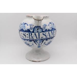 Antique English Delftware Apothecary Wet Drug Jar S: Balsam Cherub & Shell C1740