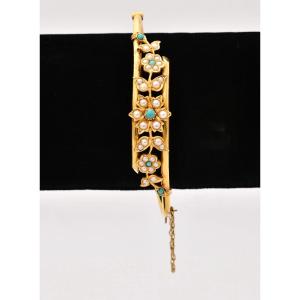 Bracelet jonc victorien ancien en or 18 carats, turquoise, perles fines et motif floral, 17,9 g