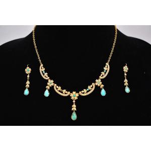 Parure ancienne de style édouardien, collier et boucles d'oreilles en perles fines et or, vers 