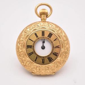 Montre de poche suisse ancienne en or 18 carats, modèle demi-chasseur, 35 mm, années 1890, 15 r