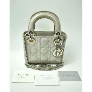 Christian Dior Mini Lady Dior Bag Silver Metallic Cannage Leather With Full Set