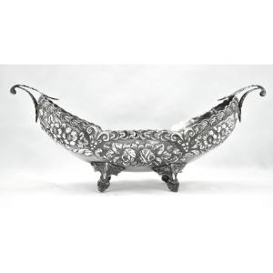 Antique Continental 900 Bol de pièce maîtresse de jardinière florale en argent massif repoussé